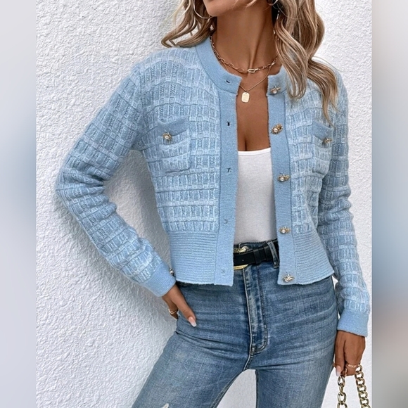 Sweaters - New Chic Tweed Knit Button Up Crop Cardigan Sweater Top Jacket Blue Gold